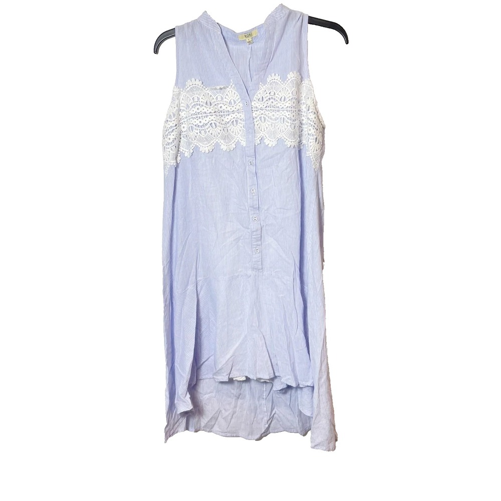 Kori America Sleeveless Striped Mini Shirt Dress‎ Womens L Blue Lace Trim Button